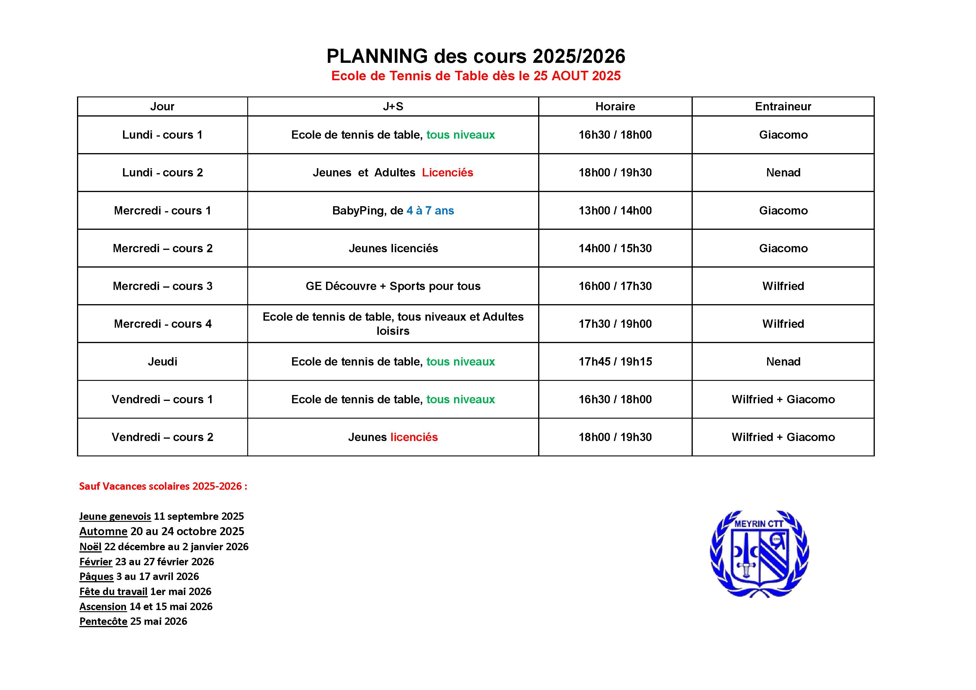 Planning cours 2025 - 2026