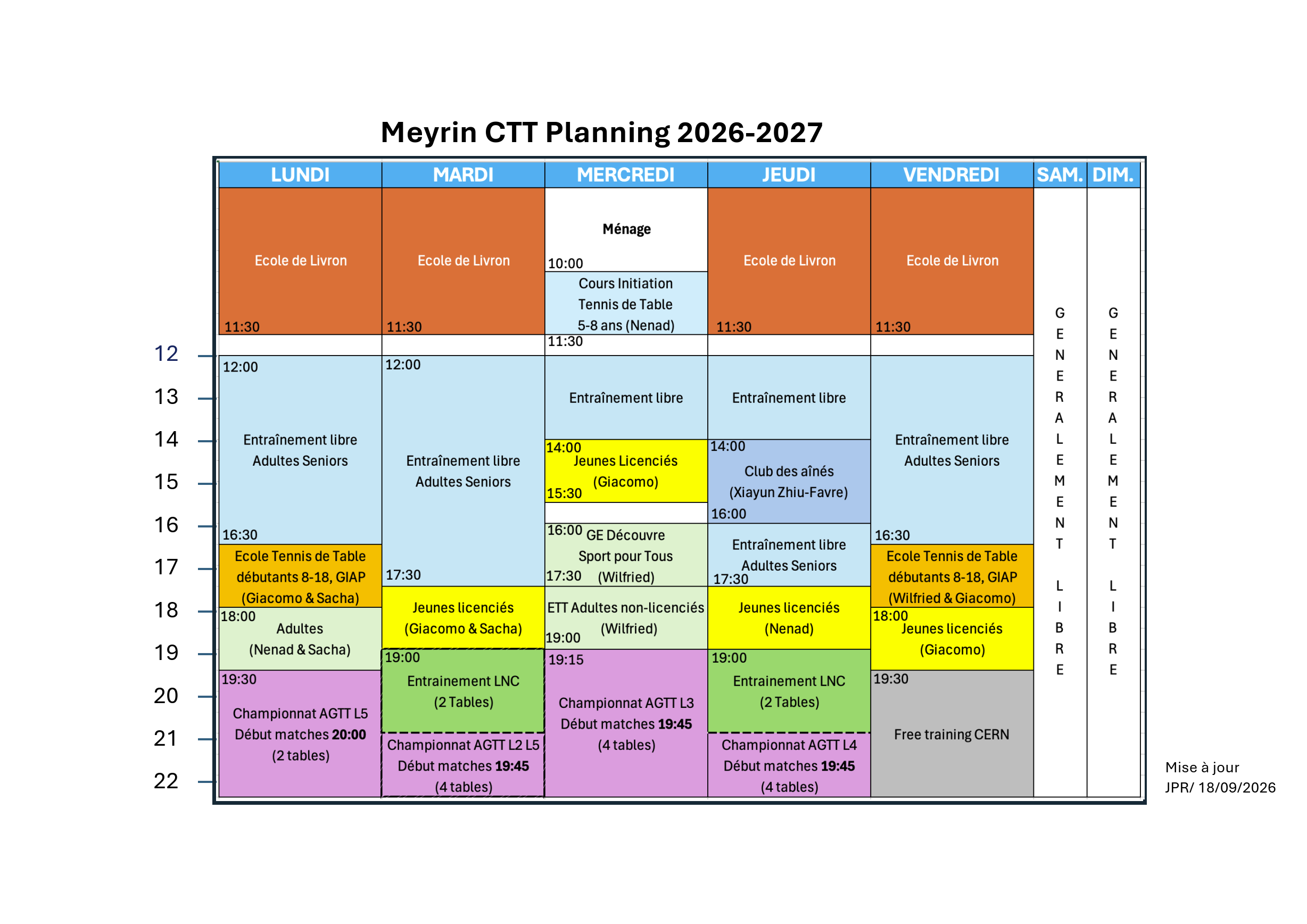 Planning hebdomadaire du Meyrin CTT