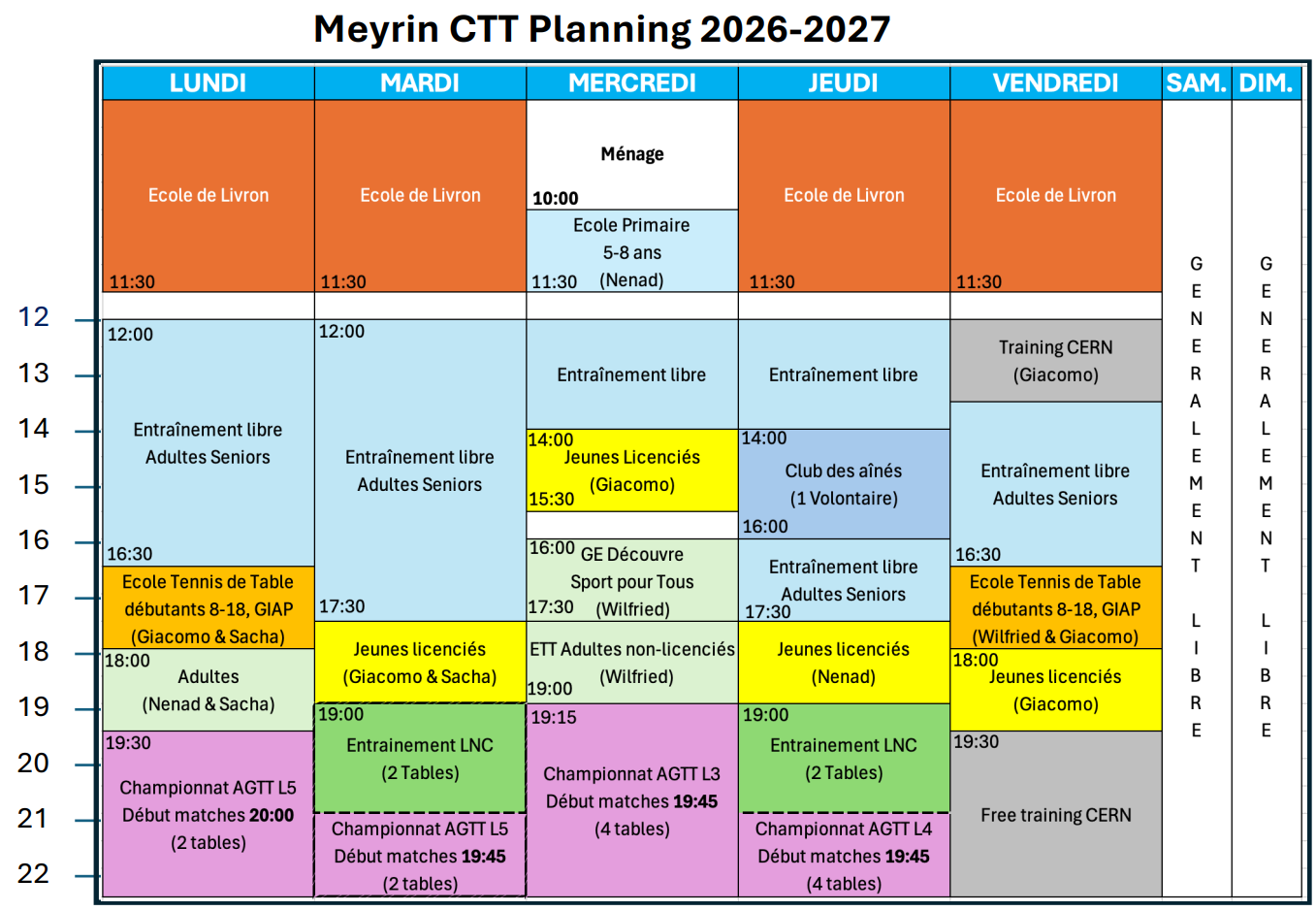 Planning hebdomadaire du Meyrin CTT