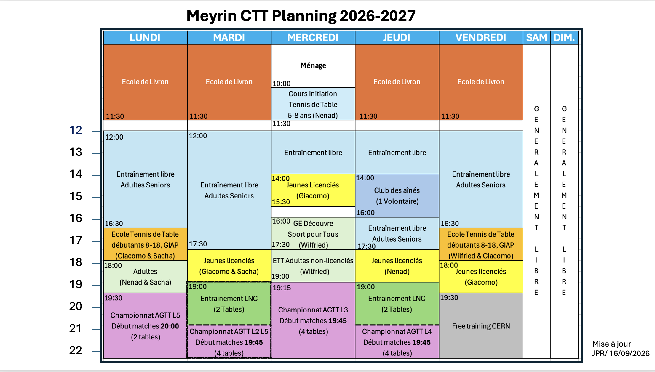 Planning hebdomadaire du Meyrin CTT